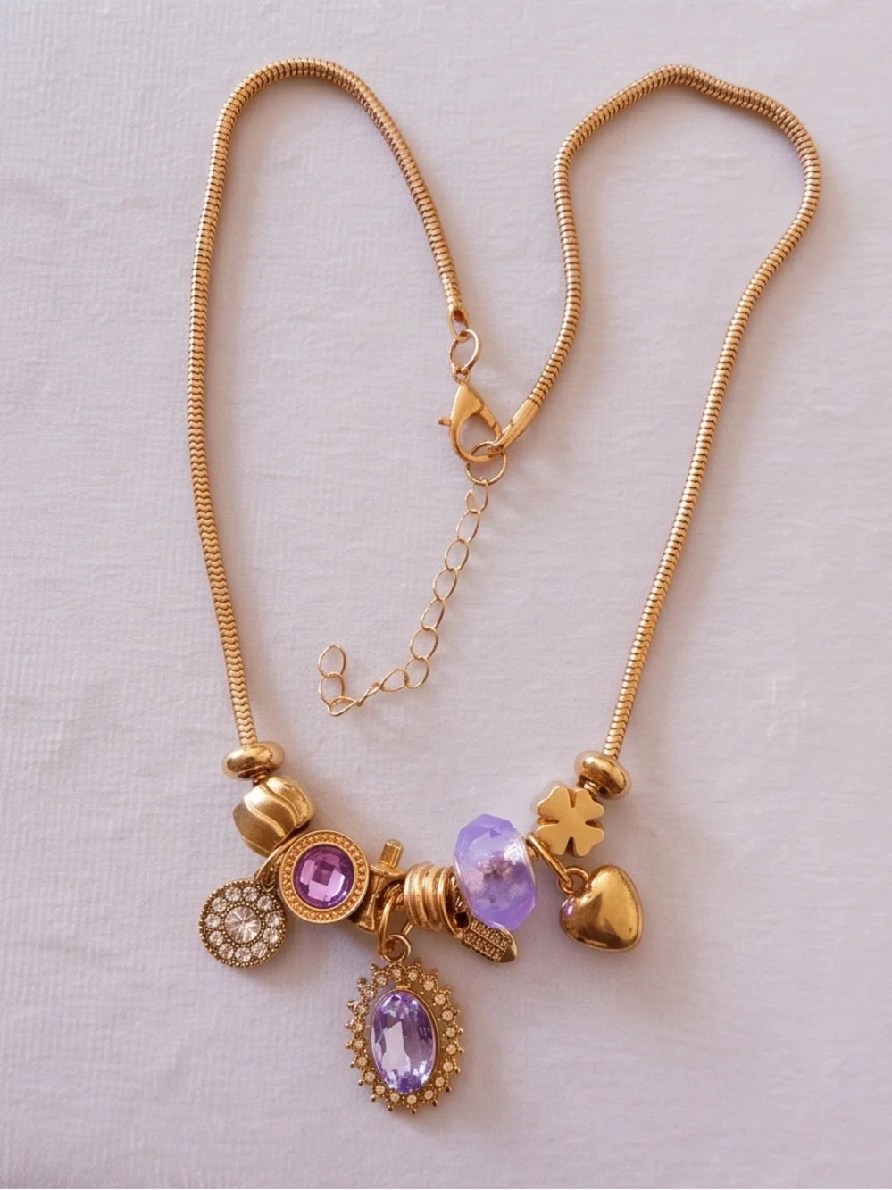 Gold & Lavender Crystal Charm Necklace for Tweens / Girls (16-18 Inches)